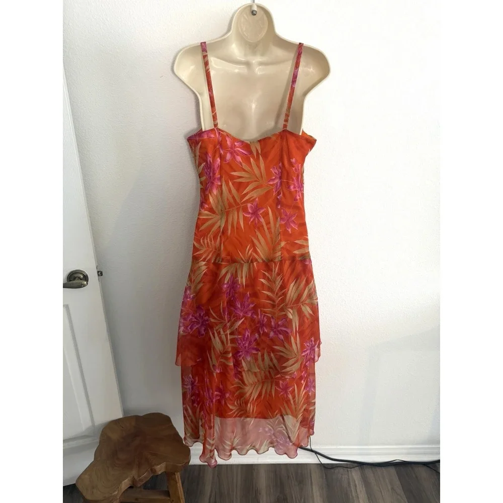 Vintage Y2K Slip Dress Midi Sz 12 Orange Tropical Chiffon Meghan Matthews Resort
